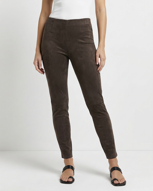 WOMEN'S SEDUCTIVE 'SABRINA' FAUX SUEDE PANTS IN OLIVE- FRONT VIEW 
