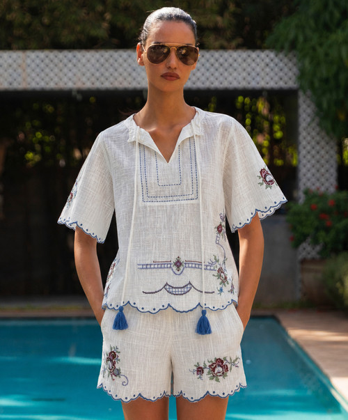 WOMEN'S ROSE & ROSE 'VALERIAN' COTTON SHORT IN WHITE - FRONT VIEW 
