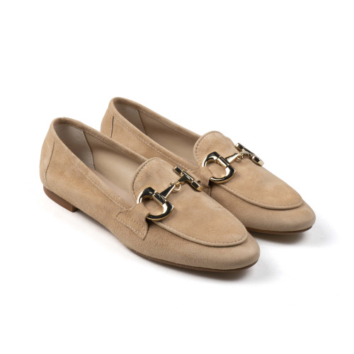 MICHELE LOPRIORE 'MARIZA' LOAFER in tan suede angled top view