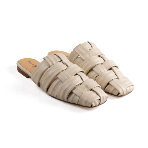 MICHELE LOPRIORE 'MARYNA' MULES in cream leather angled top view