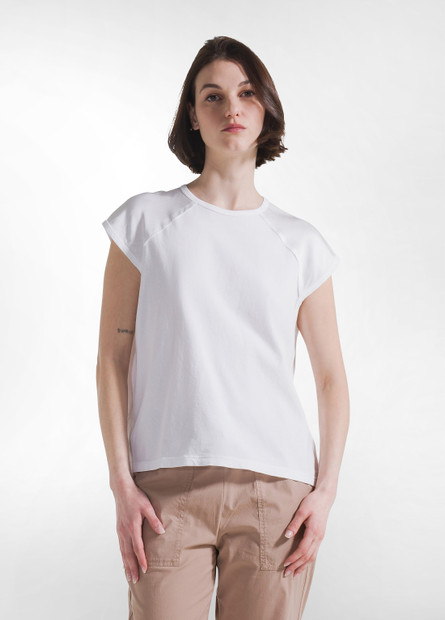 DEHA JERSEY & SATIN CAP SLEEVE TOP in white front view