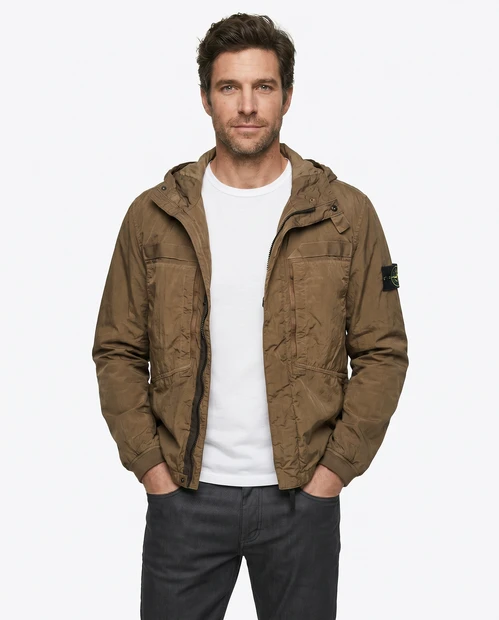 MEN'S STONE ISLAND WATER REPELLANT SHORT PARKA IN MILITARY GREEN - FRONT VIEW 

