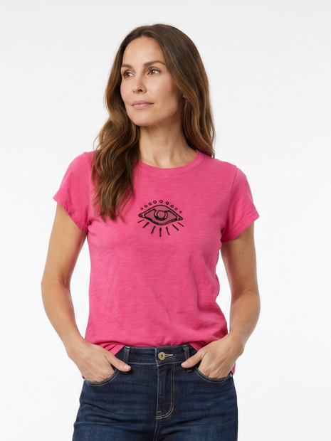 WOMEN'S LABEL + THREAD LIGHTWEIGHT FITTED EVIL EYE AVA TEE IN HOT PINK - FRONT VIEW 