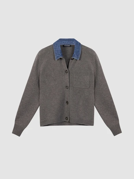 WOMEN'S REPEAT CASHMERE CARDIGAN WITH DETACHABLE DENIM COLLAR - FRONT VIEW