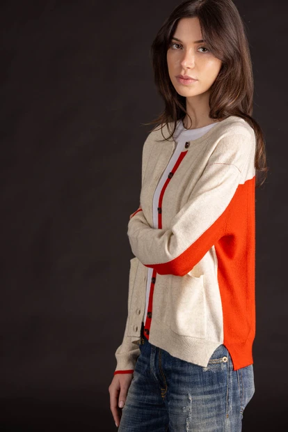 WOMEN'S PAYCHI GUH CONTRAST CREW CARDIGAN IN BEIGE AND ORANGE - FRONT VIEW 
