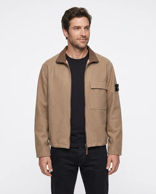MEN'S STONE ISLAND WOOL BOMBER JACKET IN BISCUT - FRONT VIEW 
