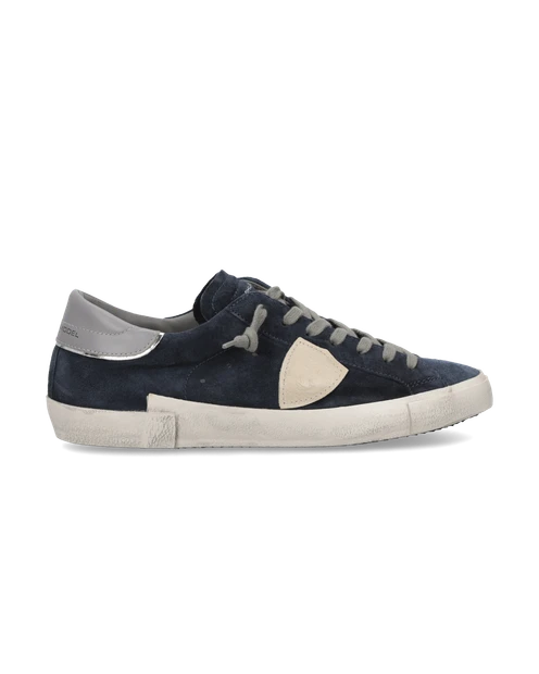 MEN'S PHILIPPE MODEL 'PRSX LOW' SNEAKERS IN OCEAN BLUE GREY - SIDE VIEW