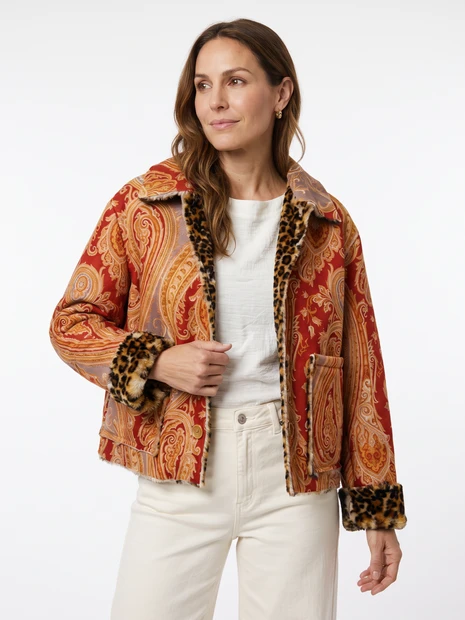 WOMEN'S IN BED WITH YOU PAISLEY JACKET WITH FAUX FUR LEOPARD LINING IN PEACH - FRONT VIEW 
