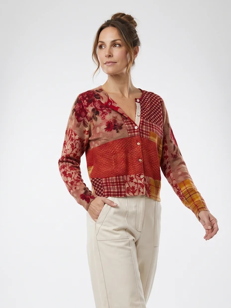 WOMEN'S IN BED WITH YOU REVERSIBLE WOOL CARDIGAN IN PATCHWORK - FRONT VIEW 
