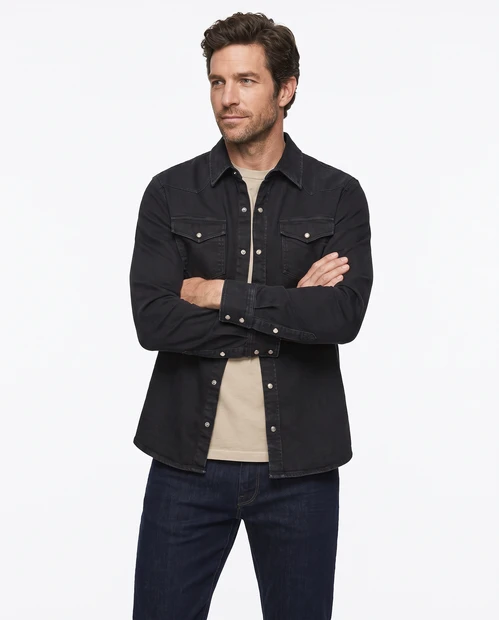 MNE'S RYE 51 THE HANK DENIM OVERSHIRT IN DARK WASH - FRONT VIEW 

