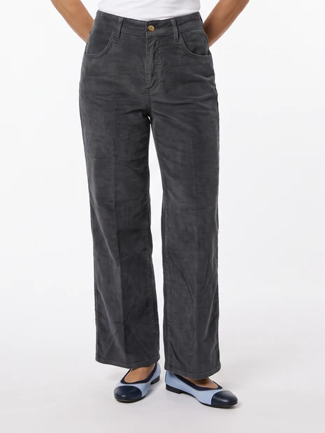 WOMEN'S SHAFT JEANS VELVET PANTS IN INDIGO AND GOLD PIPPING - FRONT VIEW 
