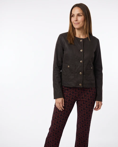 WOMEN'S SHAFT JEAN CHANNEL POWER DENIM JACKET IN BLACK  - FRONT VIEW 
