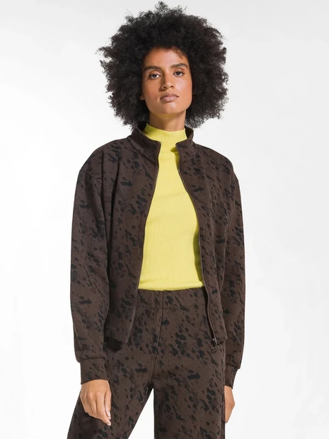 WOMEN'S DEHA PRINTED MATELASSE EFFECT TRACK JACKET IN BROWN - FRONT VIEW 
