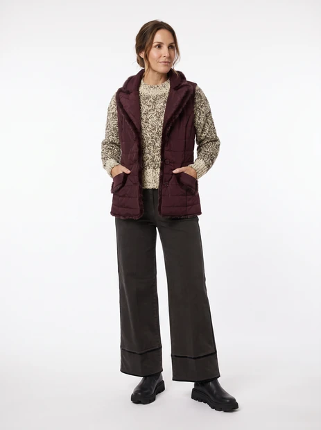WOMEN'S DIOMI MINK TRIMMED QUILTED VEST IN EGGPLANT - FRONT VIEW 
