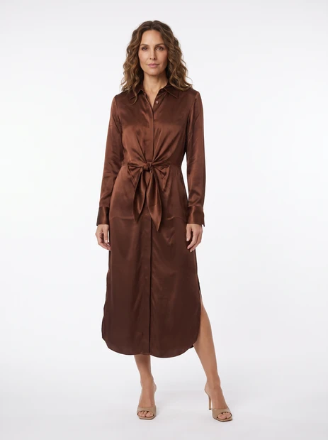 WOMEN'S DIOMI AMELIA SILK SHIRT DRESS IN CHOCOLATE - FRONT VIEW 
