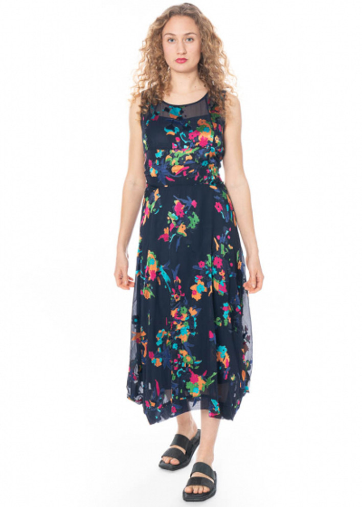 Front view of High nylon and elastane blend dress. This dress is a long, sleeveless, crew neck, with a floral pattern.