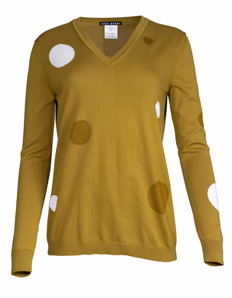 Front view of Aida Barni cotton sweater. This sweater is a v-neck, polka dot design, with ribbed trim neck, cuffs and hem.
