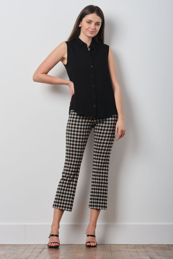 Front view of Avenue Montaigne pant. This pant is cropped with checkered pattern and a flare design.