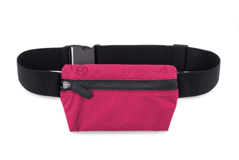 Front view of Hi Love Travel fanny pack. This fanny pack is with an adjustable strap and exterior rubber tab to feed headphones wire through.