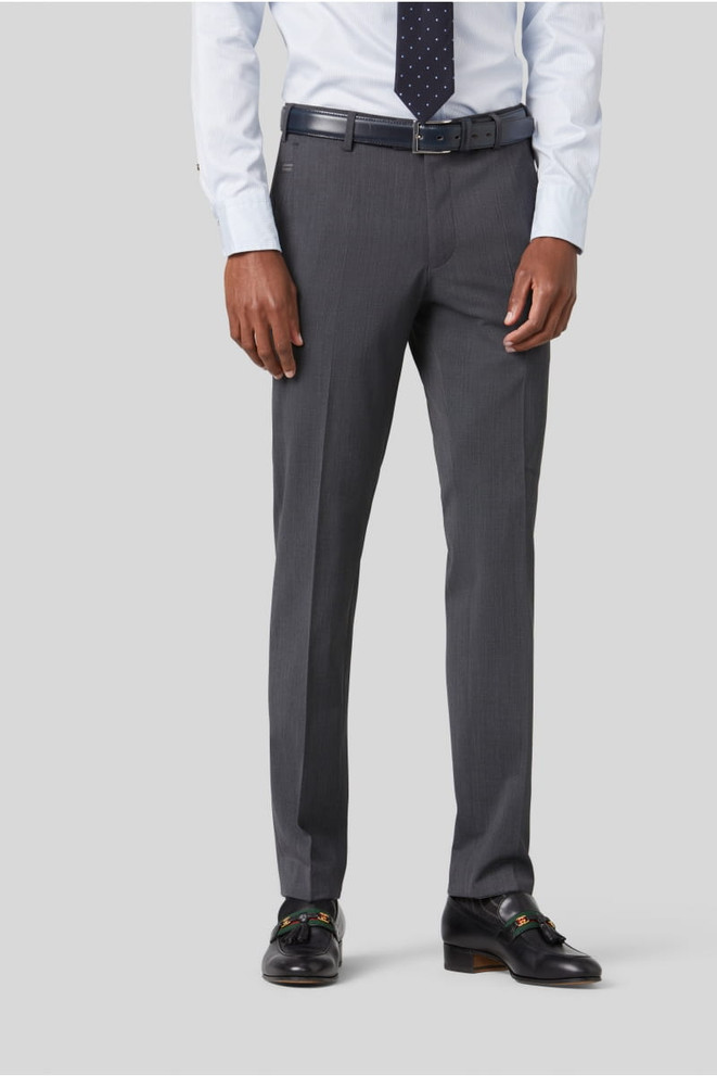 Front view of Meyer pant. This pant is with a zipper and button closure, pockets, and belt loops.