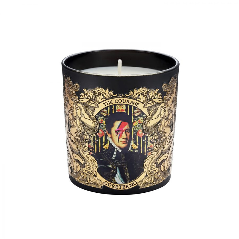 Front view of Coreterno candle. This candle has a fun design, and a great mix of smells.