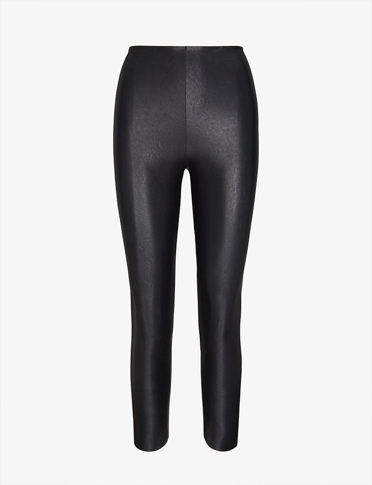 Front view of Commando leggings. These leggings are faux leather with slightly shorter length, and high waist.