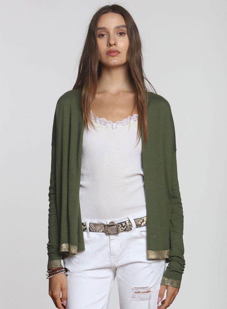 LABEL+Thread 'Goldie' Cardigan OD Green
100% Cotton 
Light Weight Comfort 
Distressed Metallic Foil Print Edging at the Bottom Rib and Cuff
Imported 