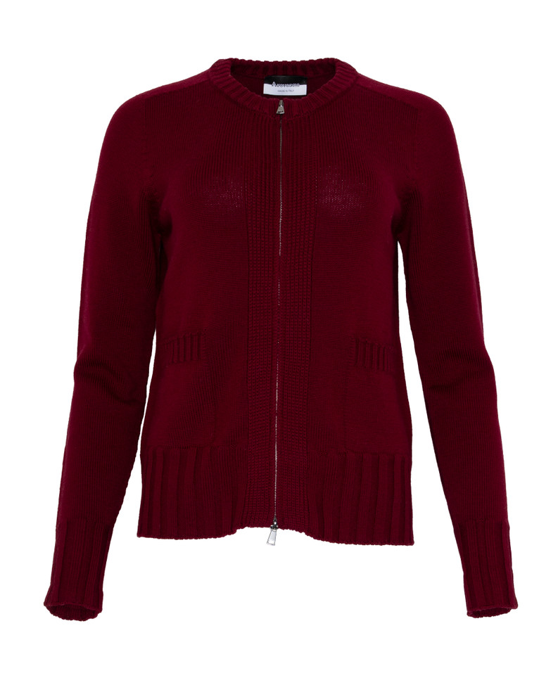 WOMEN'S AROVESCIO WOOL FULL ZIP CARDIGAN IN DARK RED- FRONT VIEW 
