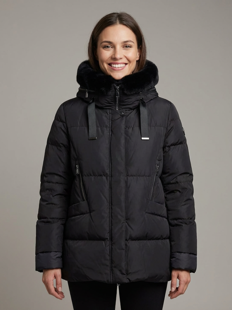 WOMEN'S DEIGO M A LINE PUFFER COAT IN BLACK- FRONT VIEW ON MODEL