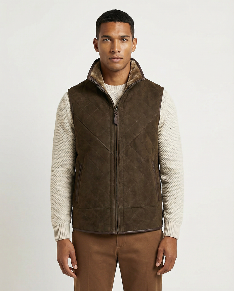 Men's Lone Pine 'Snow Summit" Shealing & Leather Vest - Front View 