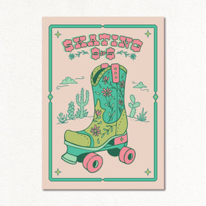 Skating 9 To 5 Cowboy Boot Roller Skate Art Print, Green & Pink (A5 Size) - Create & Skate Factory Skating 9 To 5 Cowboy Boot Roller Skate Art Print, Green & Pink (A5 Size) - Create & Skate Factory