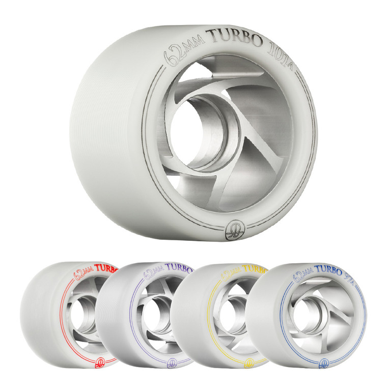 Rollerbones Turbo Aluminum Hub Wheels White (62mm, 8-Pack, 88A, 92A, 94A, 97A, 101A)