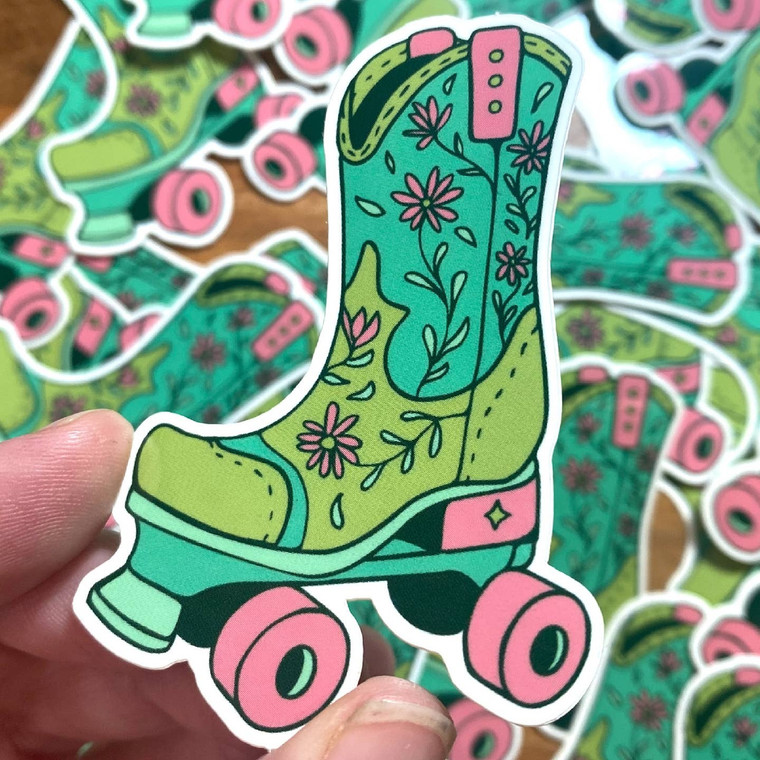 Cowboy Boot Roller Skate Vinyl Sticker, Green & Pink - Create & Skate Factory