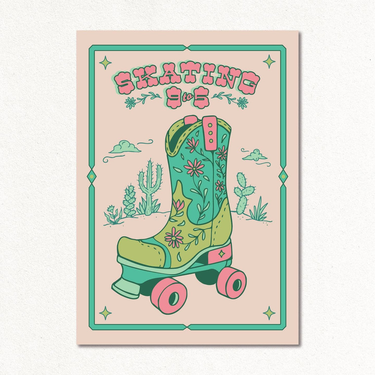Skating 9 To 5 Cowboy Boot Roller Skate Art Print, Green & Pink (A5 Size) - Create & Skate Factory