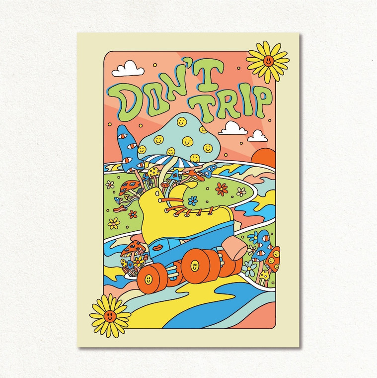 Don't Trip Retro Roller Skating Mushroom Art Print, Orange & Blue (A5 Size) - Create & Skate Factory
