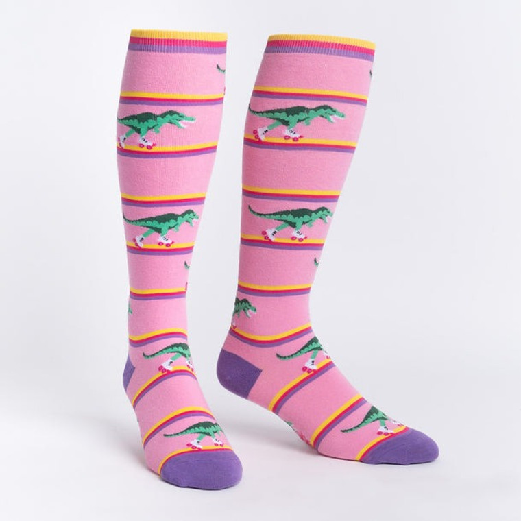STRETCH-IT Extra Wide Knee High Socks - Rawr-ler Rink, Roller Skating Dinosaur T-Rex