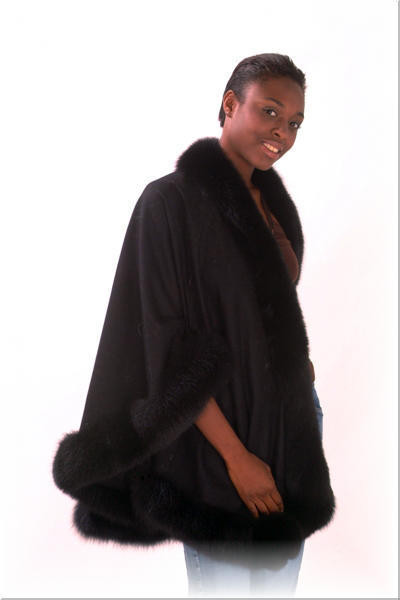 Black Fur Cape with Fox Fur Trim - furoutlet