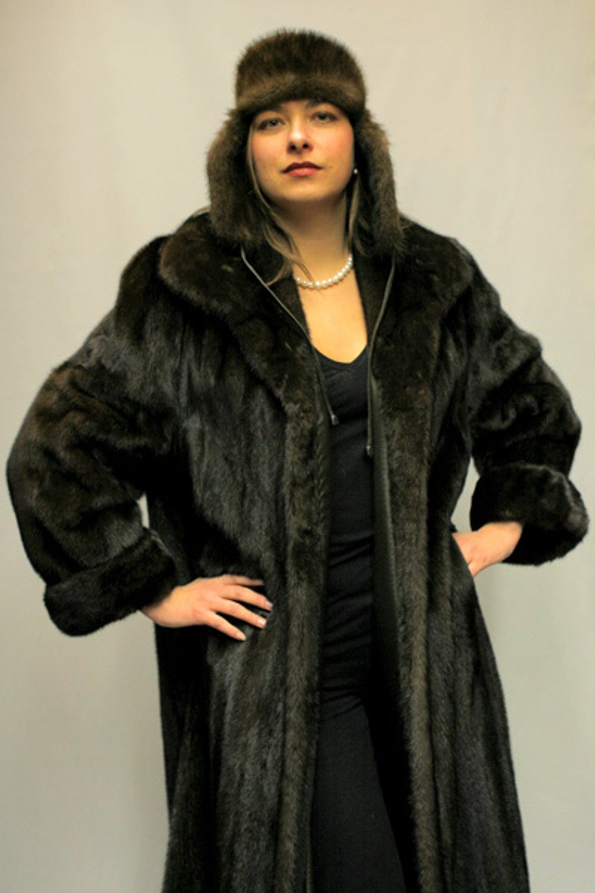 Full length brown real mink fur coat with hood. Long line natural