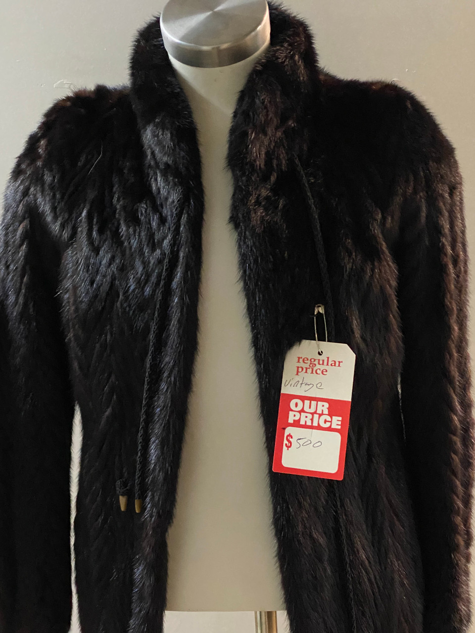 Vintage Brown Mink & Leather Fur Jacket, No Monogram, Black lining, Tie String