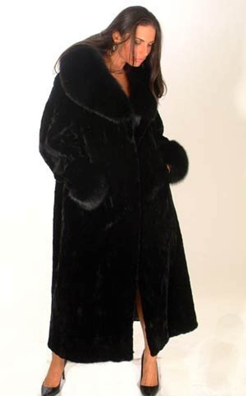 Black mink pieces full length coat with Dyed Blue Fox Fur Hood