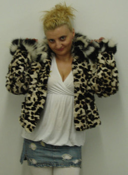 Sheared Fox Black & White Wing Fur Collar Fur on Cuffs Sheared Fox Black & White Wing Fur Collar Fur on Cuffs