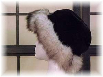 Black Faux Fur Hat with Dyed Blue Fox Trim Black Faux Fur Hat with Dyed Blue Fox Trim