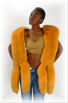 Double Full Skin Dyed Mustard Fox Scarf  Gold Fox Fur Scarf Length 60 Inches Velvet Lining Length: 60 Inches plus Sheik / Warm Fur Origin: Norway Manufactured: USA
