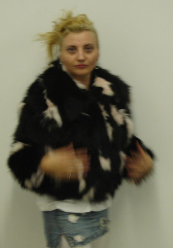 Sectional Fox Jacket with Zipper Black & Pink with Large Wing Collar Sectional Fox Jacket with Zipper Black & Pink with Large Wing Collar