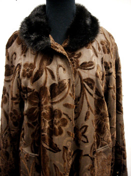 Faux Brown Print Long Coat Faux Fur Print coat Color Available: Black length 49" Sweep 73" Sleeve 29" Crossback 15" Small Wing Collar Bottom Closure
