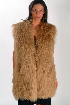 Brown Fur Curly Vest Tibetan Lamb Length 28" Hook and Eyes Closure Custom Made Manufactured: USA