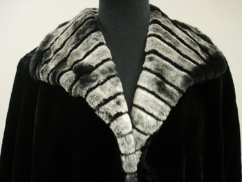 Faux Black Beaver Fur With Gray Chinchilla Triming Faux Black Beaver Fur With Gray Chinchilla Triming length 53" Sweep 72" Sleeve 34" Crossback 20 1/2" Color Shown is Beaver Manufacturing: USA