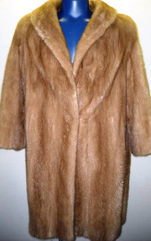 Vintage Full Skin Beige Mink Ladies Raccoon vintage Fur coat Stand Up Collar Straight Sleeves Size: Large Light, Very Warm and Comfortable Hook and Eye Closure Fur Origin: USA Manufacturing: USA Vintage is a Pre-Owned Or Estate Piece One Of a kind, From Our Fur Collections Shoulder To Shoulder: 19" Inside Cross back:16" Collar to Bottom:41" Sweep:62" Neck to Sleeve: 28"
