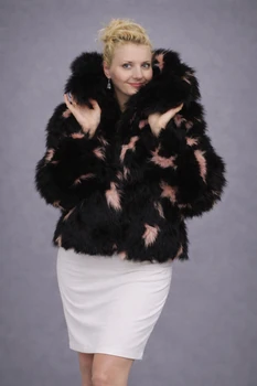 Sectional Black Fox Fur Jacket With Pink Lenght 24" Sweep 39" Sleeve 30" Crossback 15" Large Wing Collar Stright Cuffs Zipper Fur Origin: Norway France Manufacturing: USA
