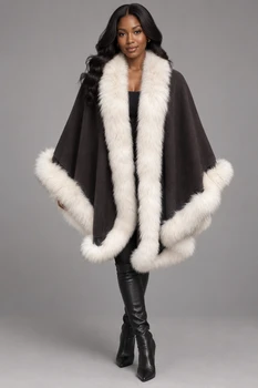 Brown Cape with White Fox Trim Cape Trimmed with Fox Cashmere / Wool Blend One Size Fits Most Fur Origin: Norway Manufactured: USA